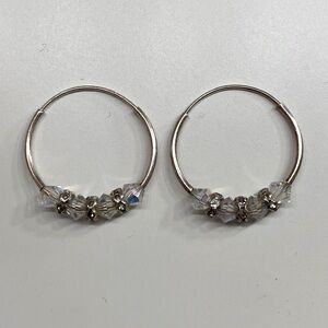 Elegant Silver Hoop Earrings with Clear beads  Accents